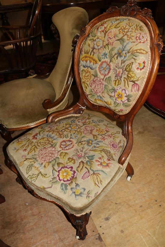 Victorian carved walnut tapestry-covered nursing chair